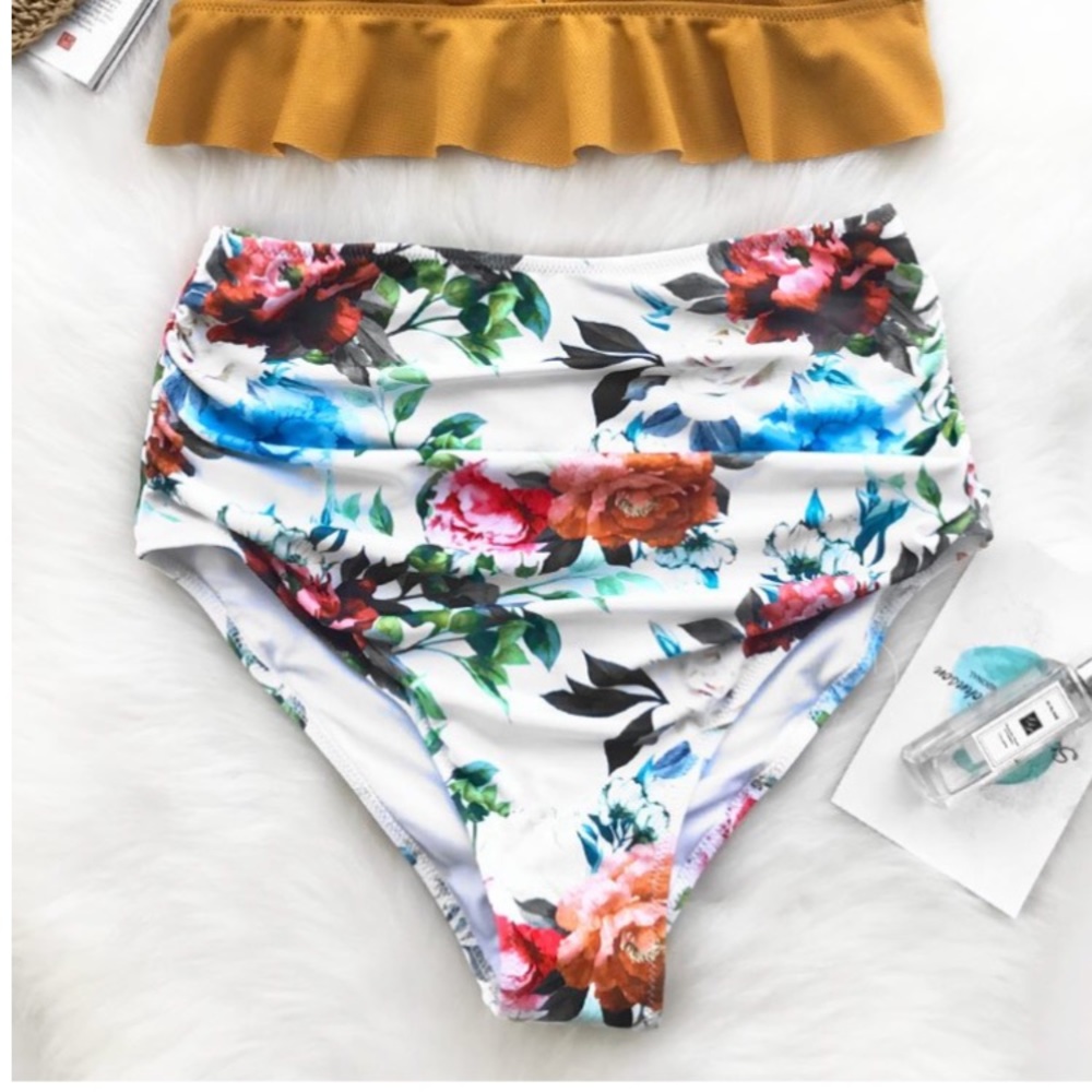Floral Ruched Hi-Waist Bikini Bottom